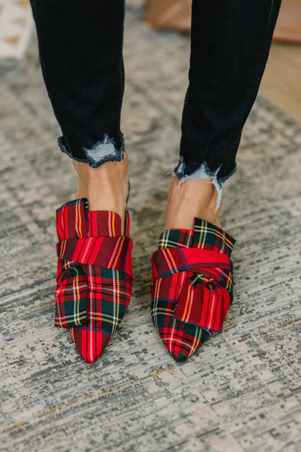 Red Plaid Mule Shoe with Bow - Size 10