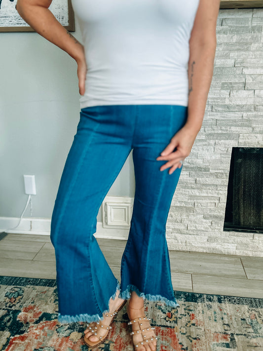 Cello Jeans Elastic Waistband Distressed Flare Jeans - Size Large