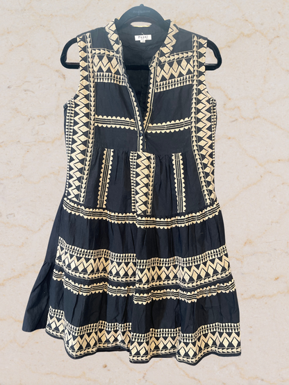 Black & Cream Embroidered Boho Tiered Dress - Size S/M