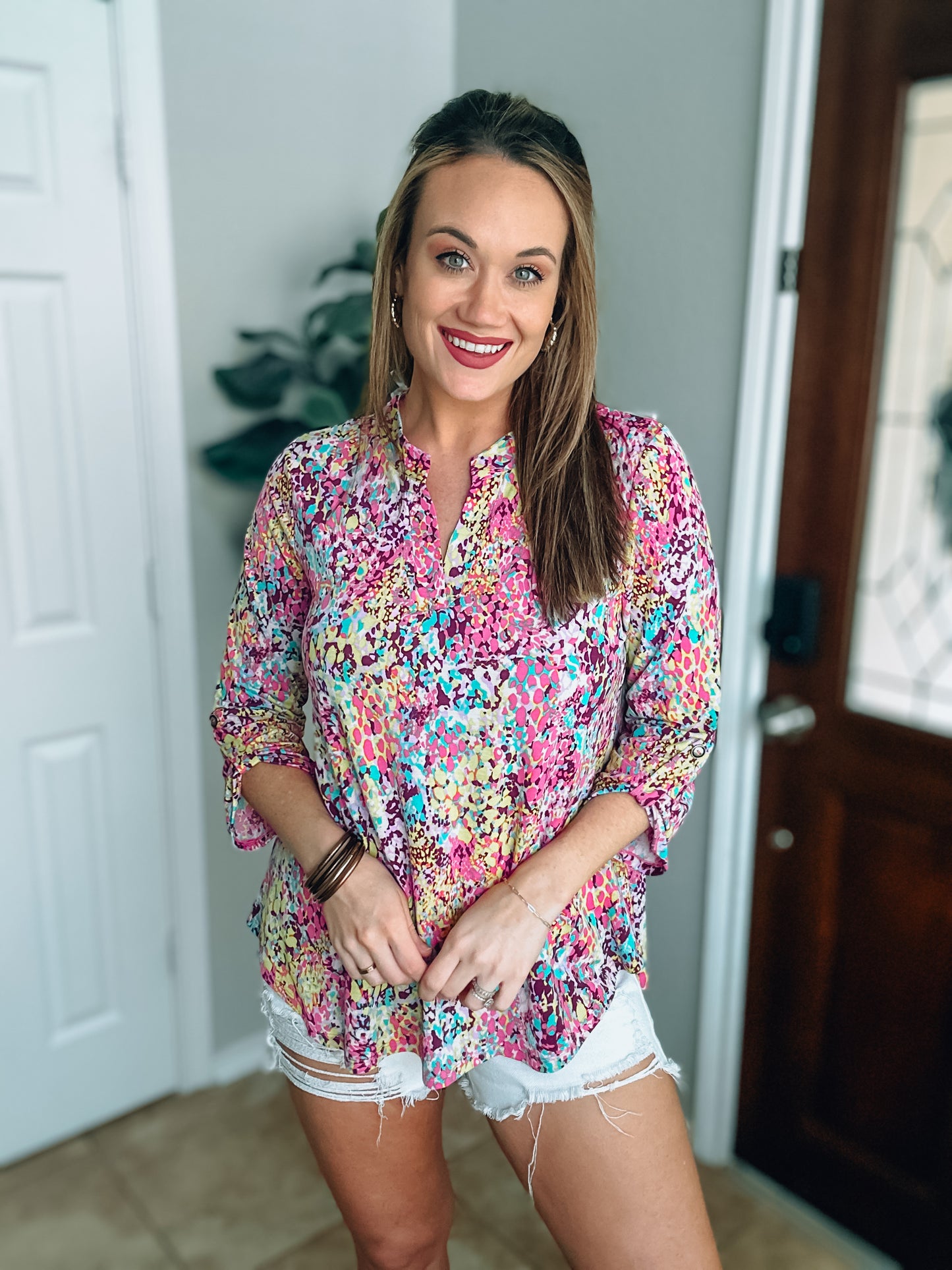 Pink and Purple Leopard 3/4 Sleeve Top - Medium