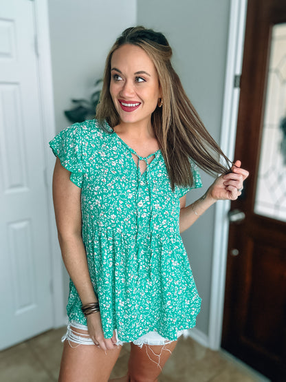 Green Floral Babydoll Top - Medium