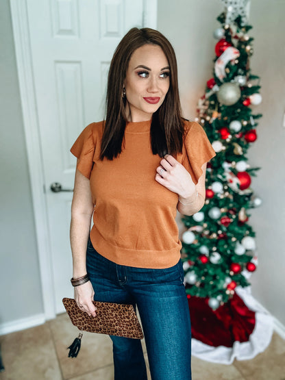 Camel Crew Neck Sweater Top with Ruffle Sleeve NWT - Sizes Small, Medium & Large