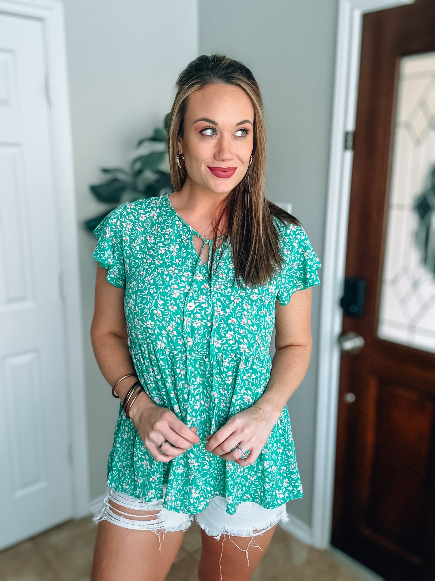 Green Floral Babydoll Top - Medium