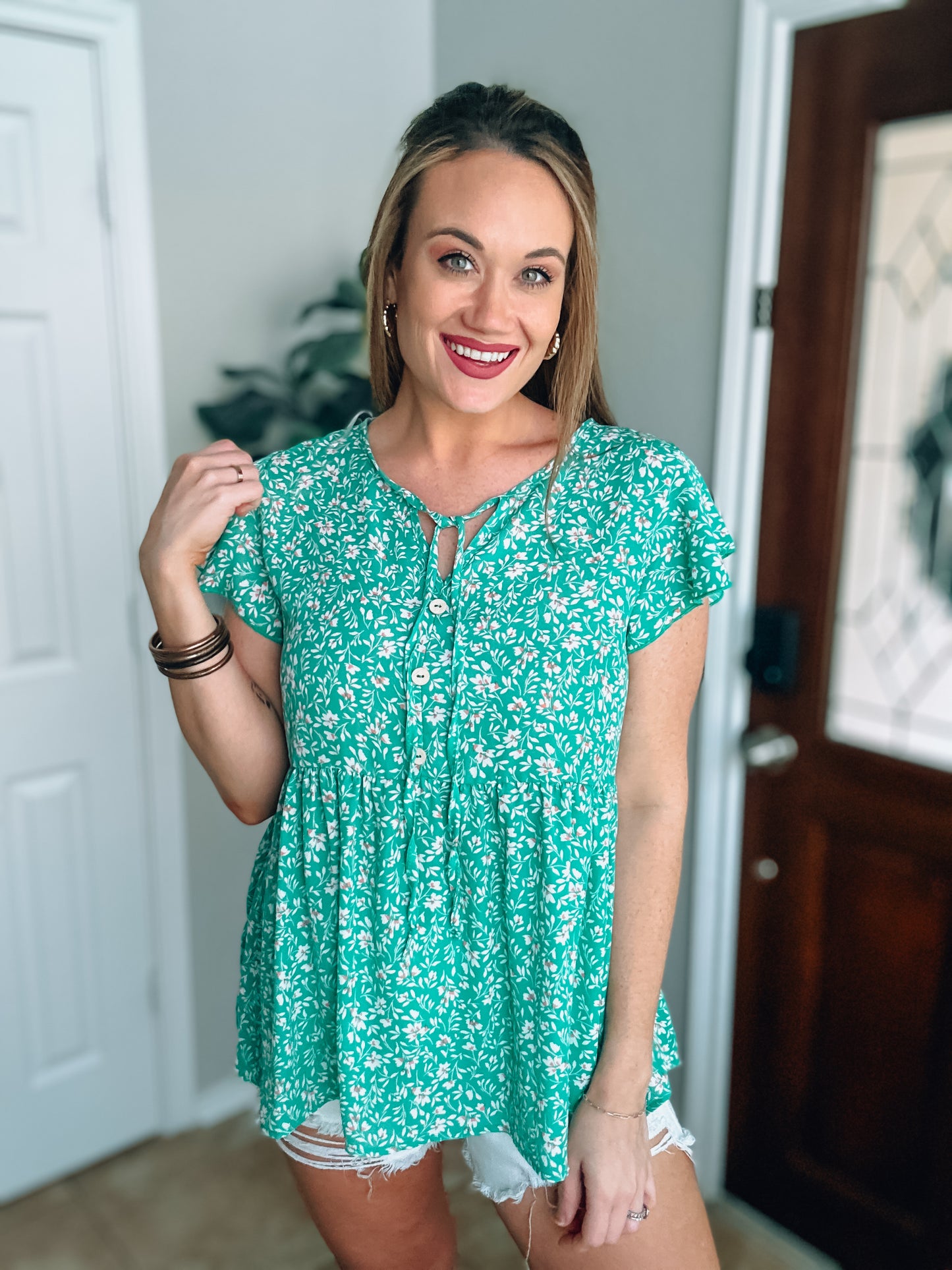 Green Floral Babydoll Top - Medium