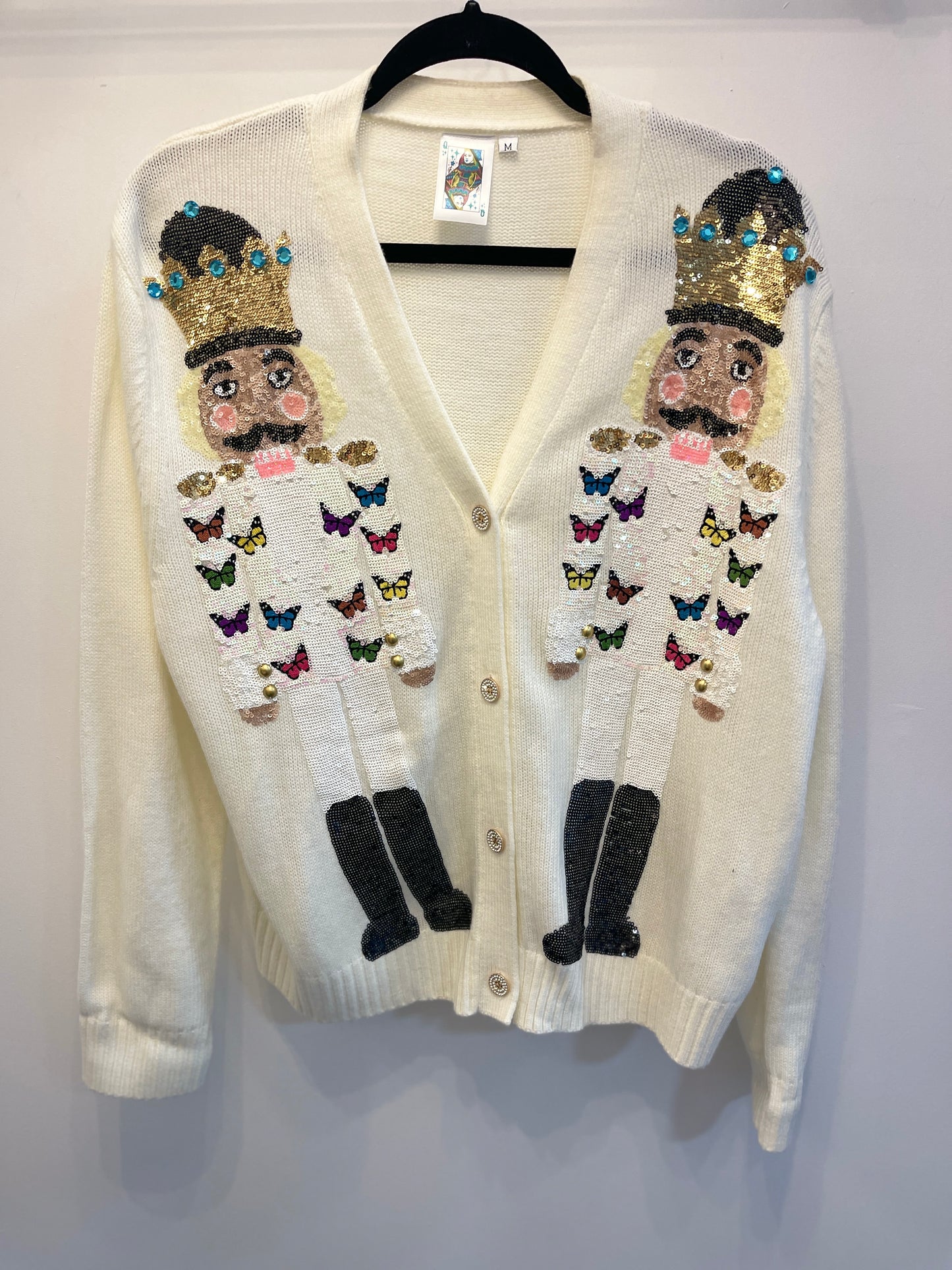 Queen of Sparkles White Nutcracker Butterfly Cardigan Sequin Holiday Sweater - Size Med