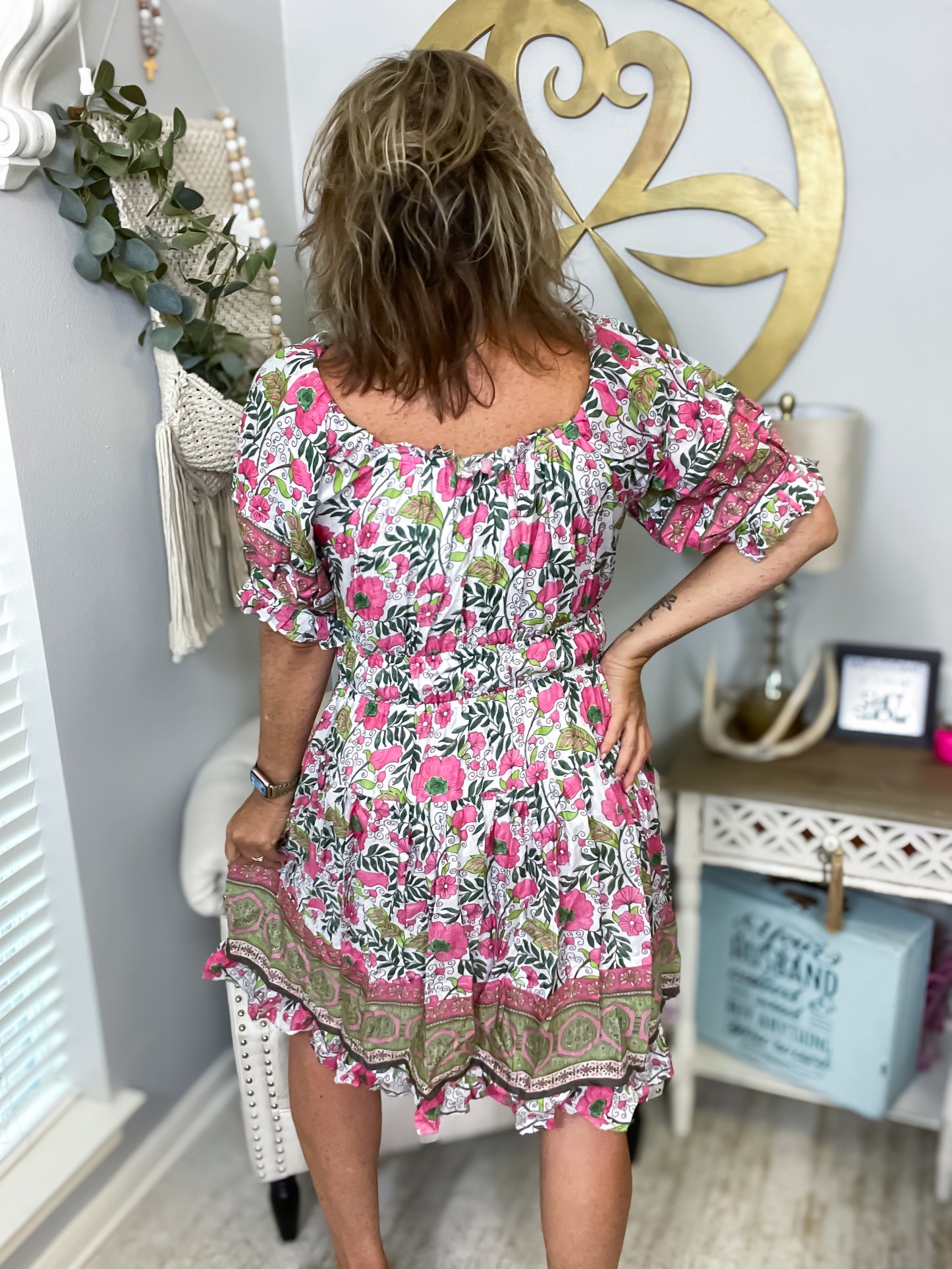 Pink & Green Floral Boho Dress - Size Large