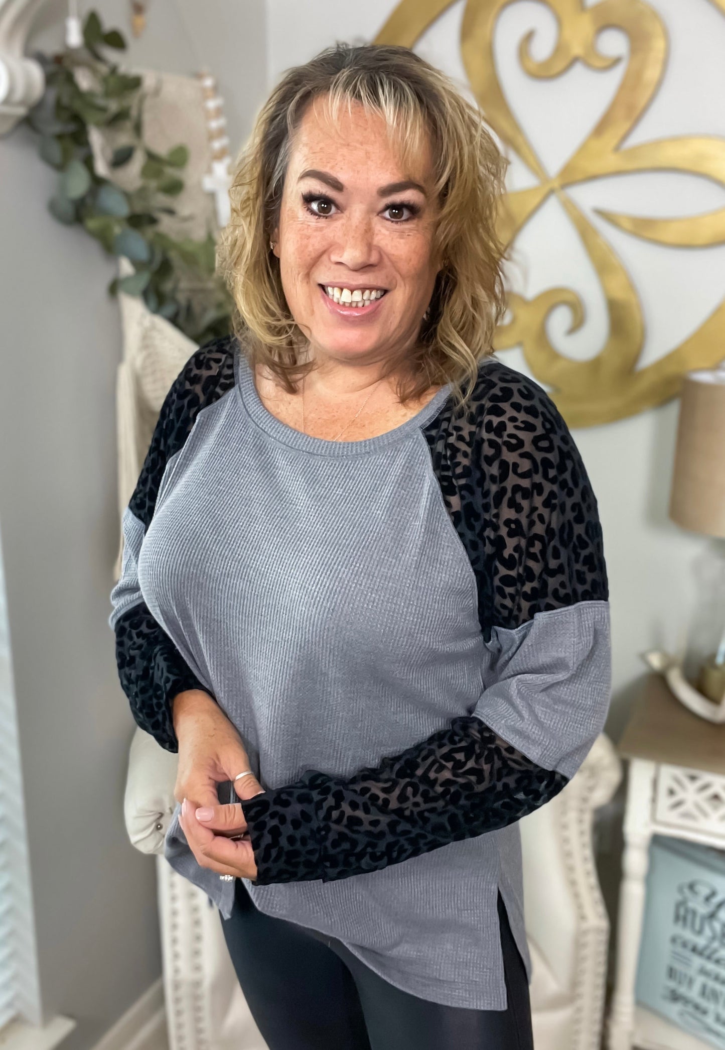 Grey Waffle Knit Top with Leopard Sleeves NWT - Size XL
