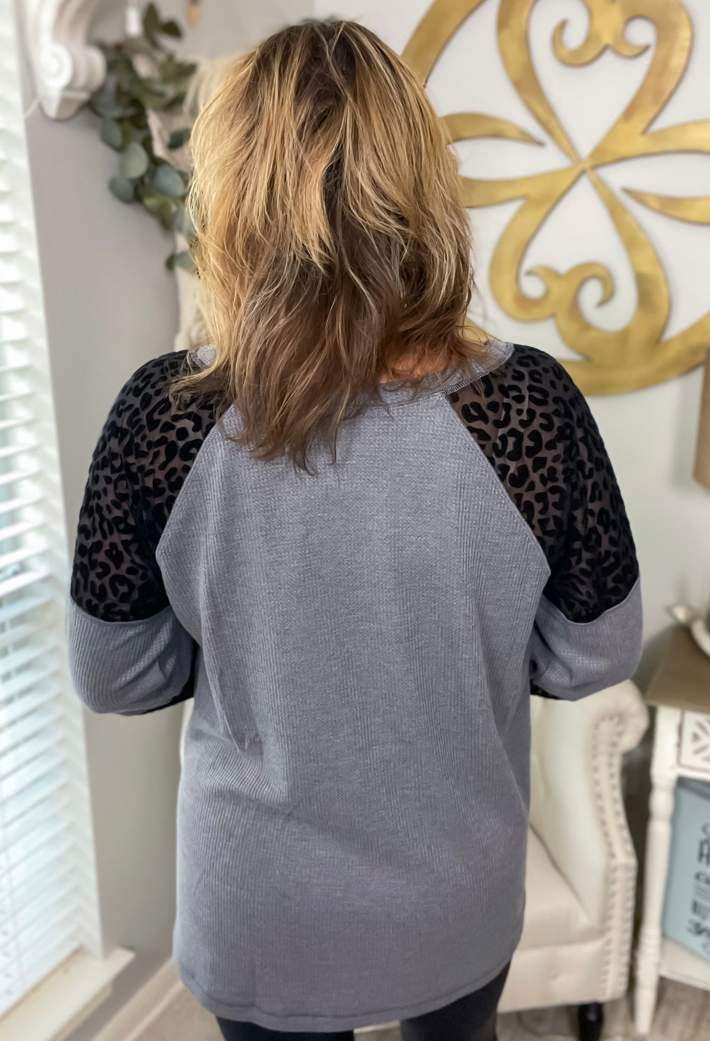 Grey Waffle Knit Top with Leopard Sleeves NWT - Size XL