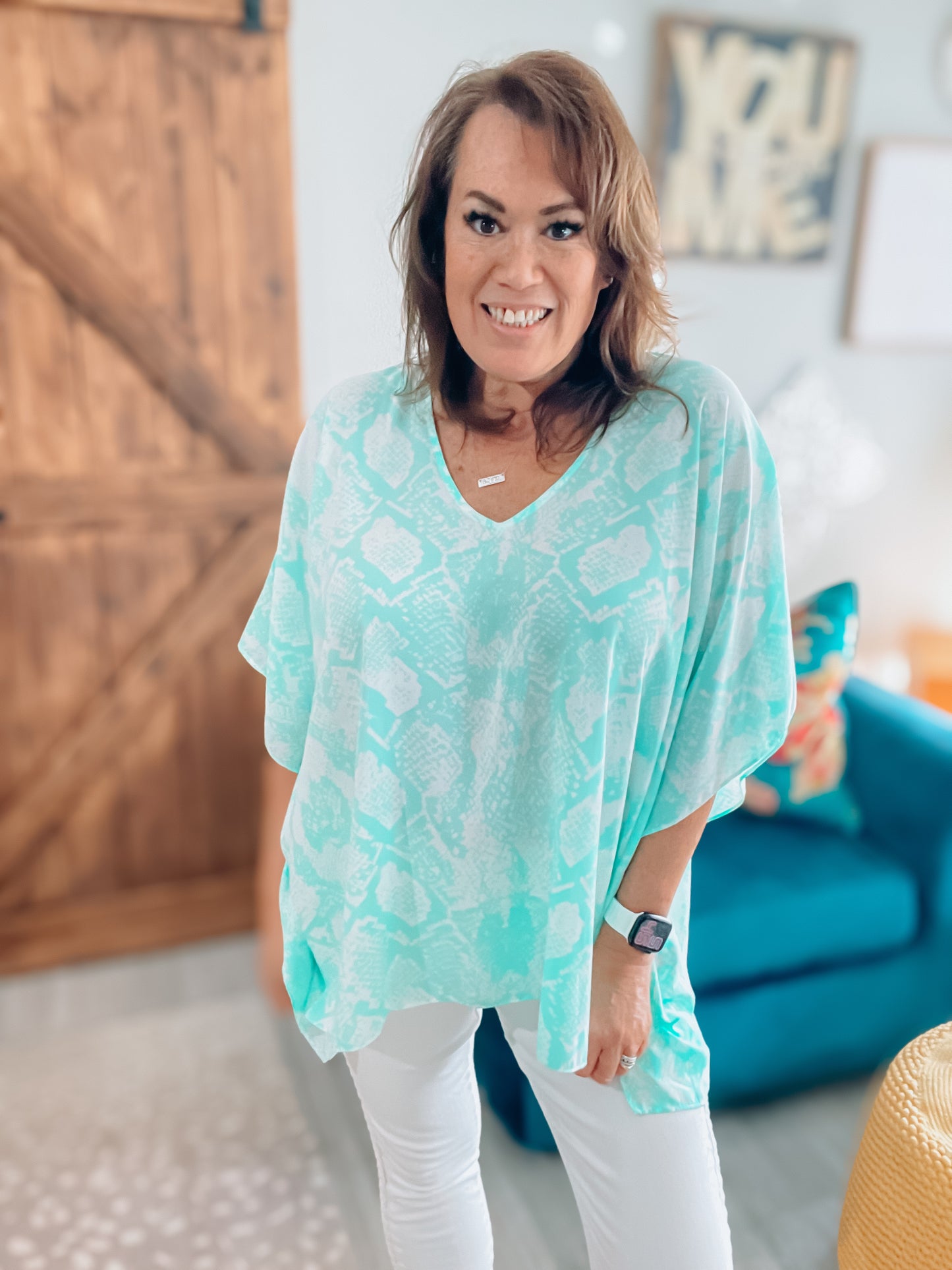 Mint & White Snake Print Poncho Oversized Top NWT - Size M/L