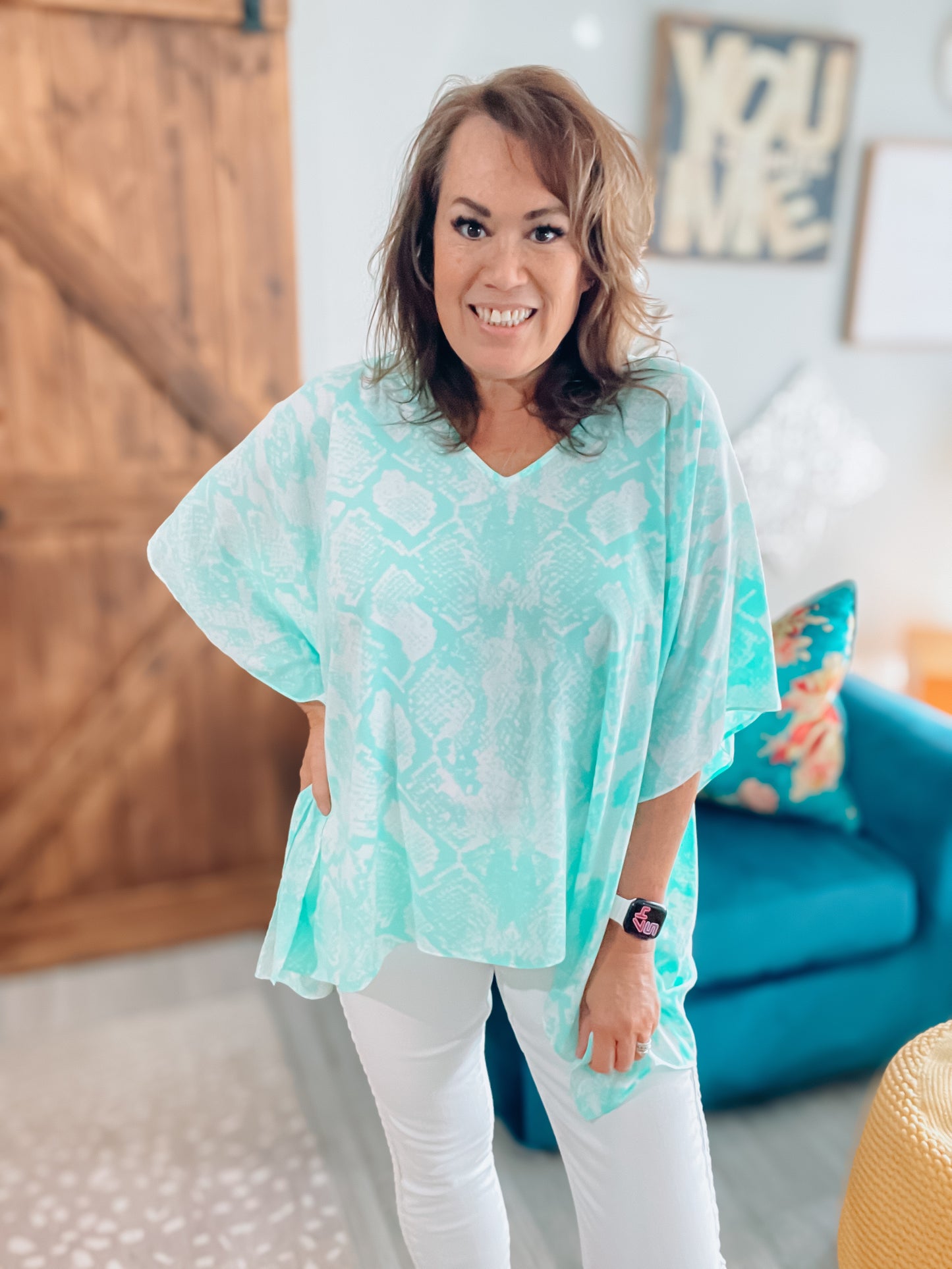 Mint & White Snake Print Poncho Oversized Top NWT - Size M/L