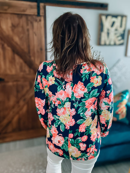 Blue Floral Print Long Sleeve Blouse - Size Small