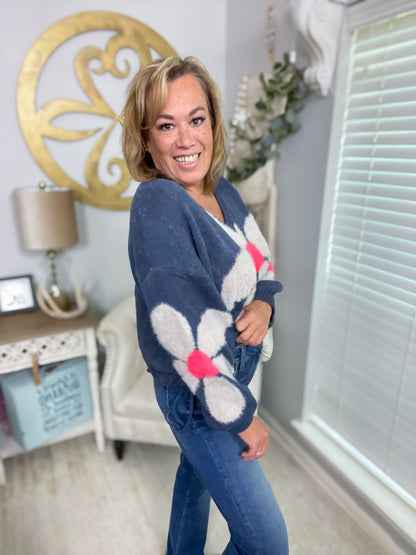 POL Floral Mohair Long Sleeve Pullover Sweater with Drawstring Detail - Size Large