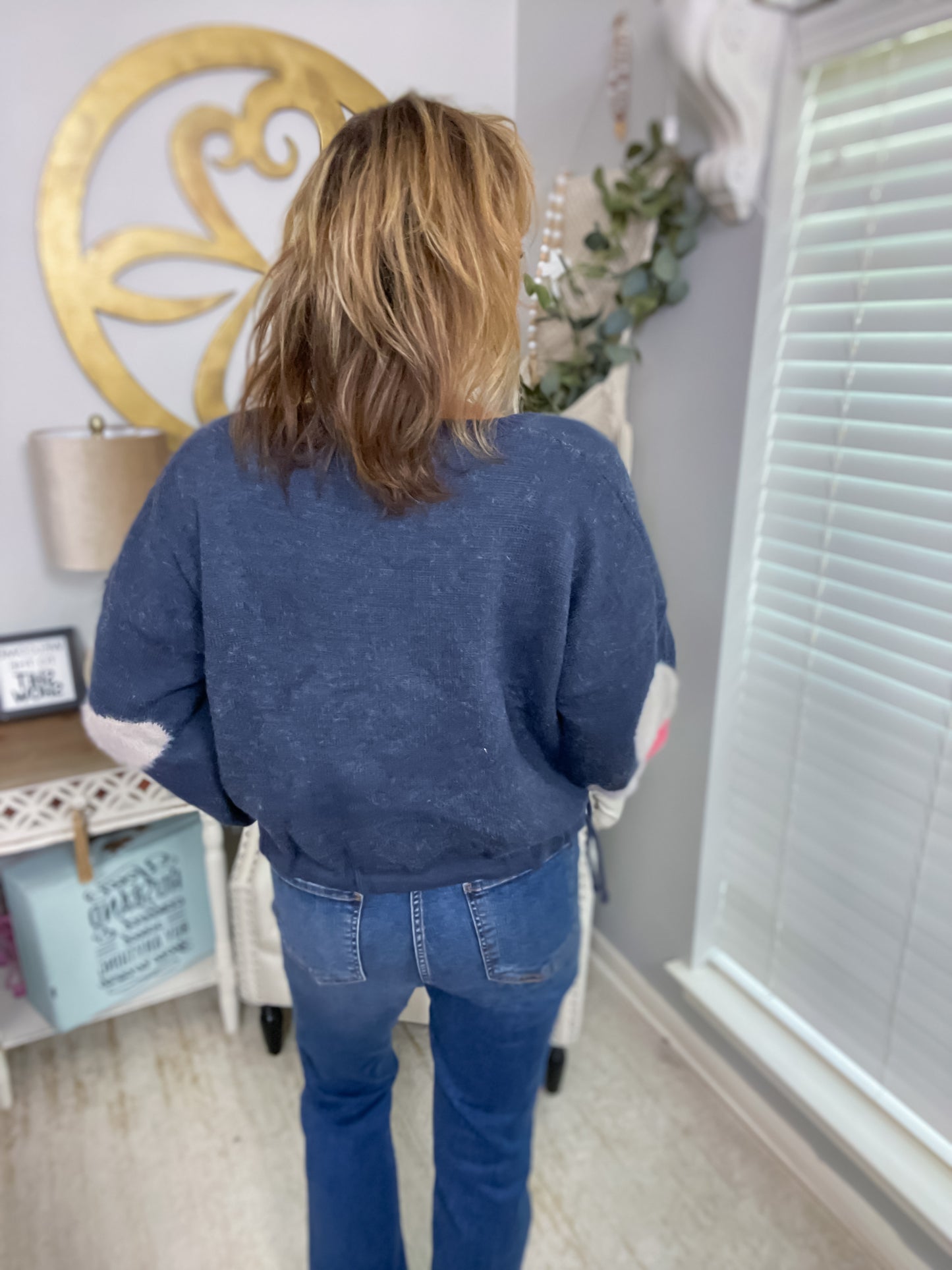 POL Floral Mohair Long Sleeve Pullover Sweater with Drawstring Detail - Size Large