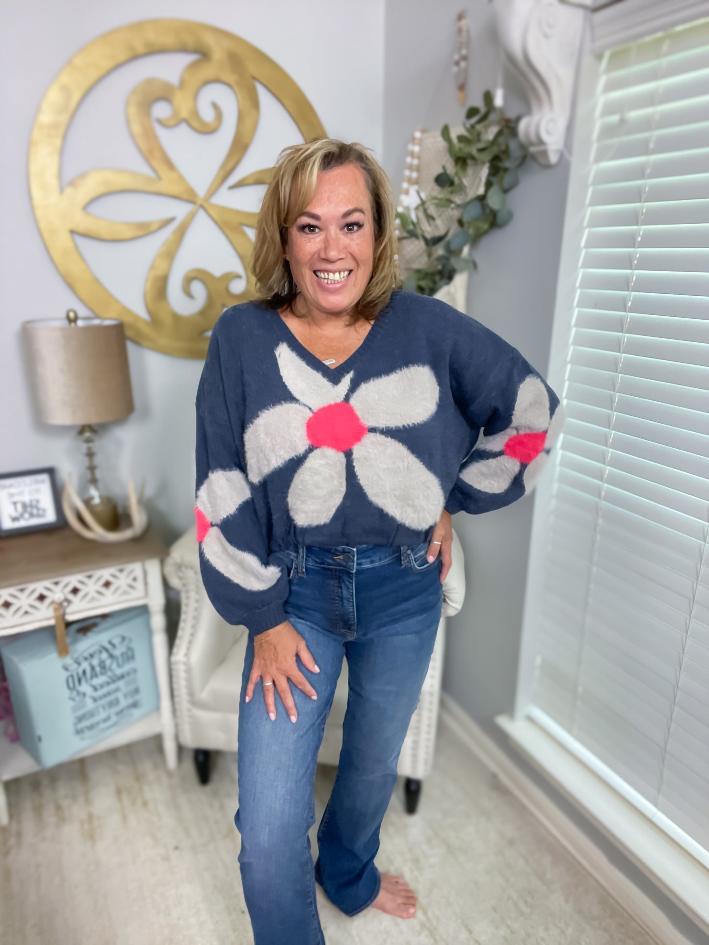 POL Floral Mohair Long Sleeve Pullover Sweater with Drawstring Detail - Size Large