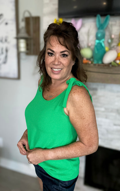 Green Sleeveless Top with Bow Shoulders - Size Med