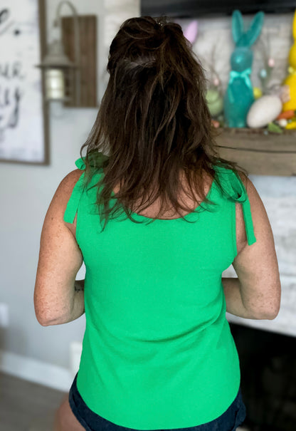 Green Sleeveless Top with Bow Shoulders - Size Med