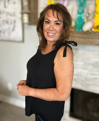 Black Sleeveless Top with Bow Shoulders - Size Med