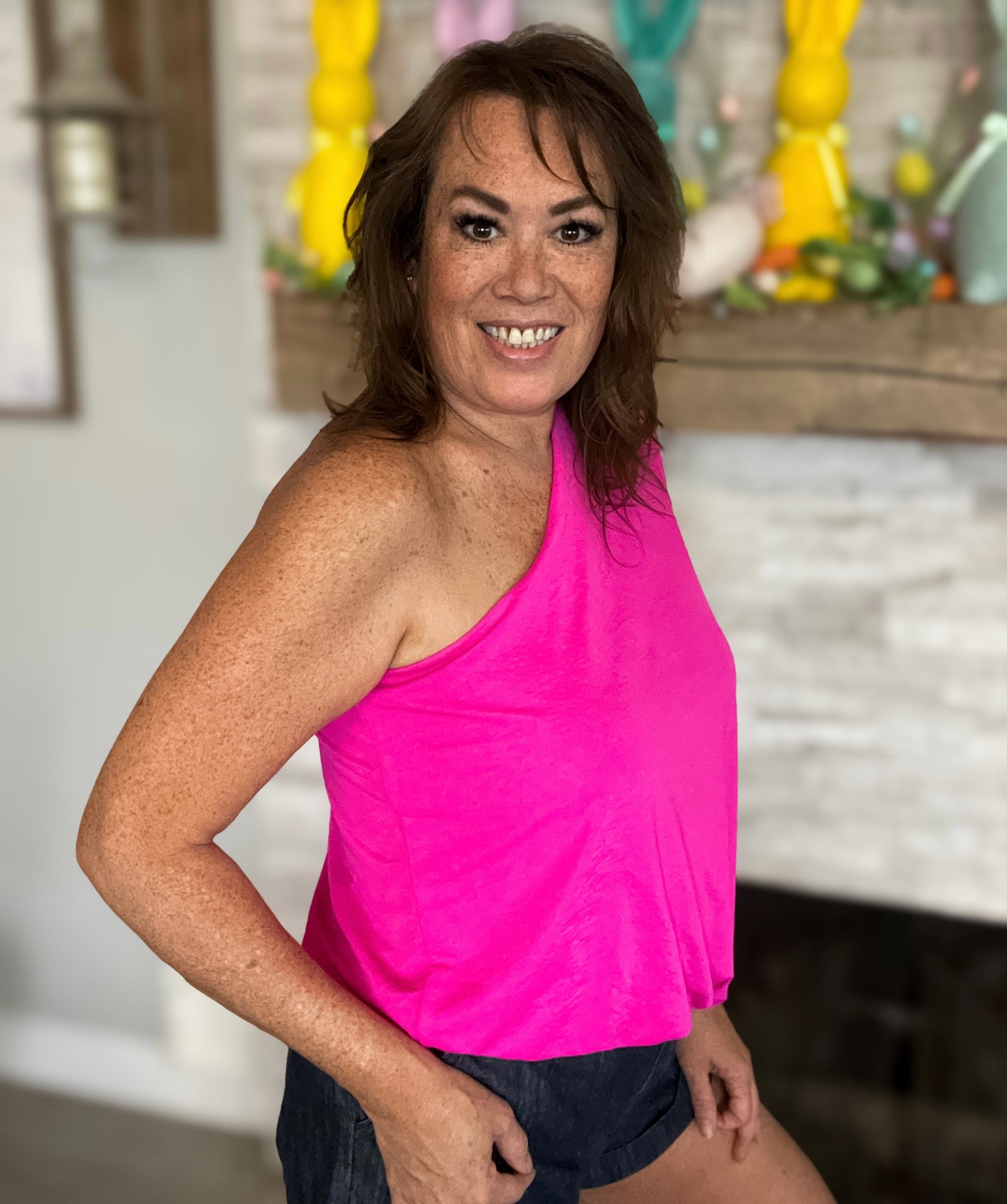 Hot Pink One Shoulder Asymmetrical Top - Size Small