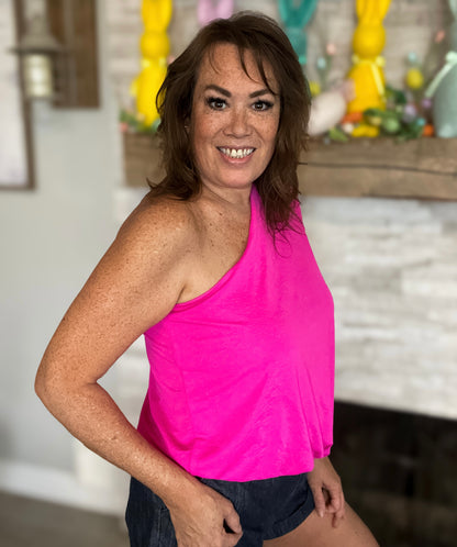 Hot Pink One Shoulder Asymmetrical Top - Size Small
