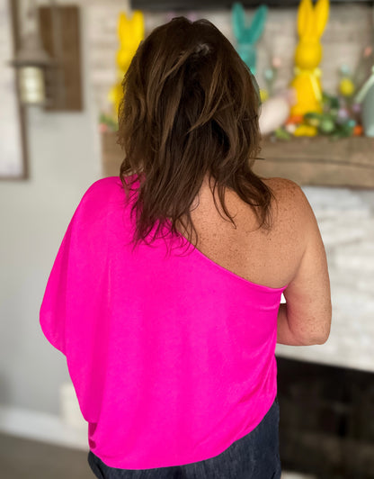 Hot Pink One Shoulder Asymmetrical Top - Size Small