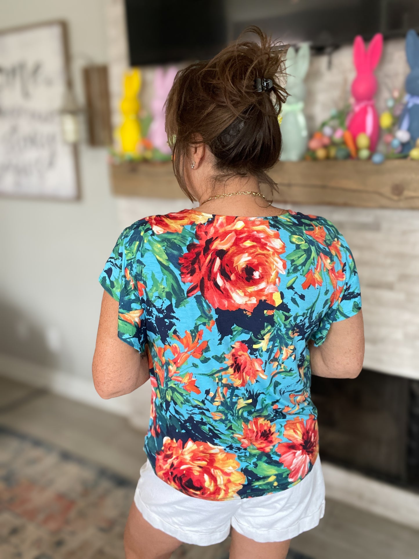 Floral V-Neck Front Faux Tie Top - Size Small
