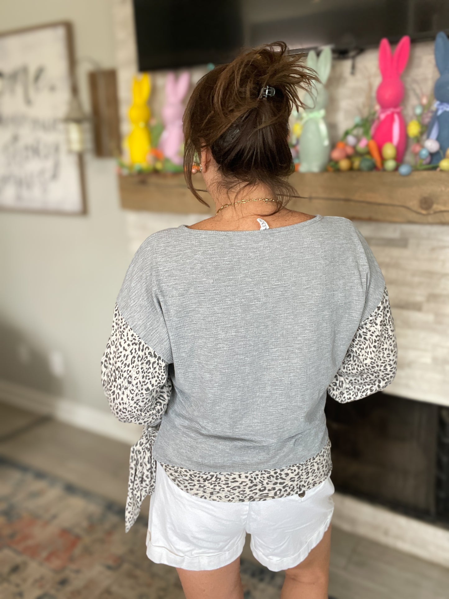 Grey Waffle Knit Top with Snow Leopard Trim - Size Large