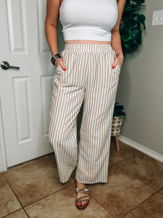 Khaki and White Striped Trousers - Size Small