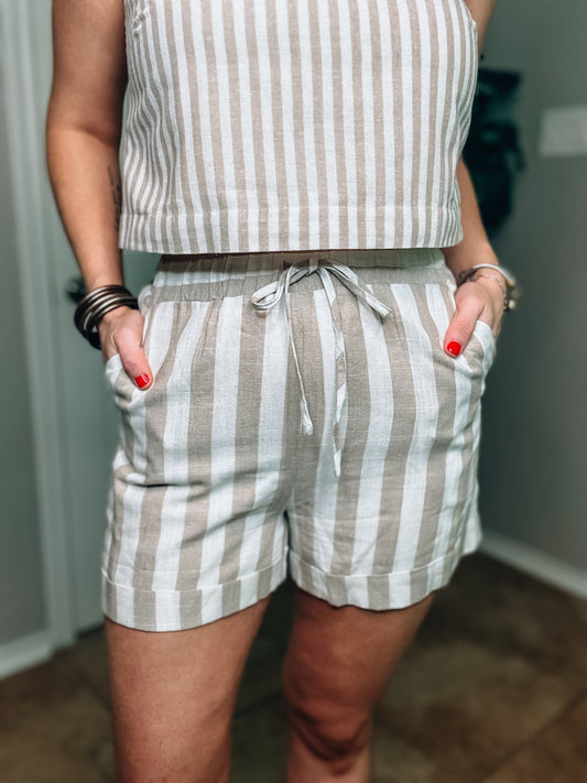 Khaki and White Striped Shorts - Size Med