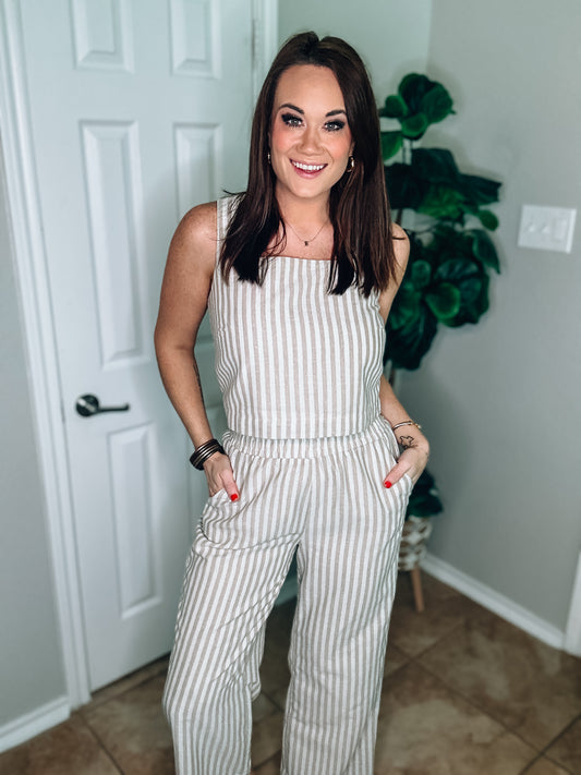Khaki and White Striped Sleeveless Top - Size Small