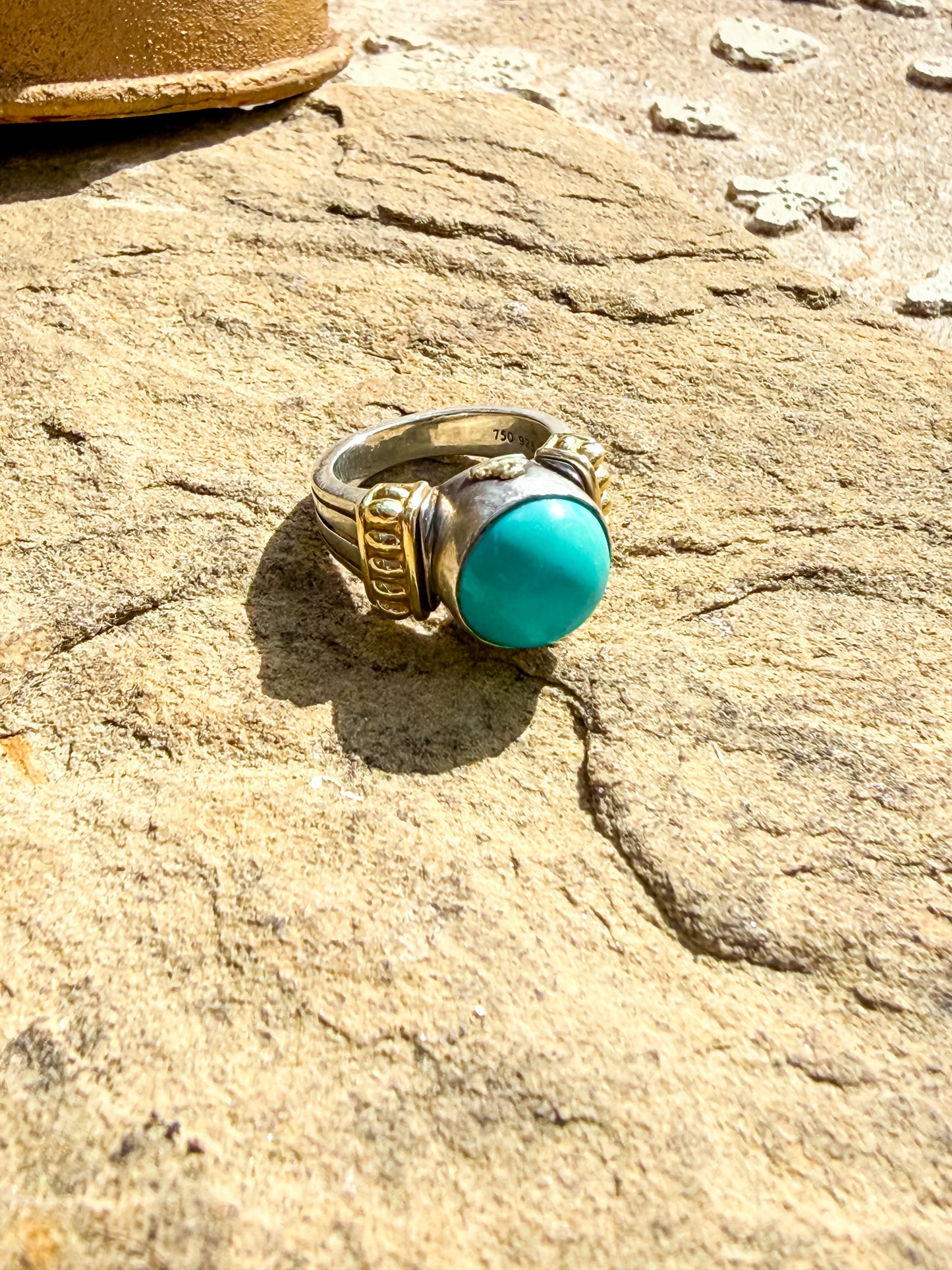 David Yurman Sterling Silver & 18K Gold Ring with Turquoise Cabochon