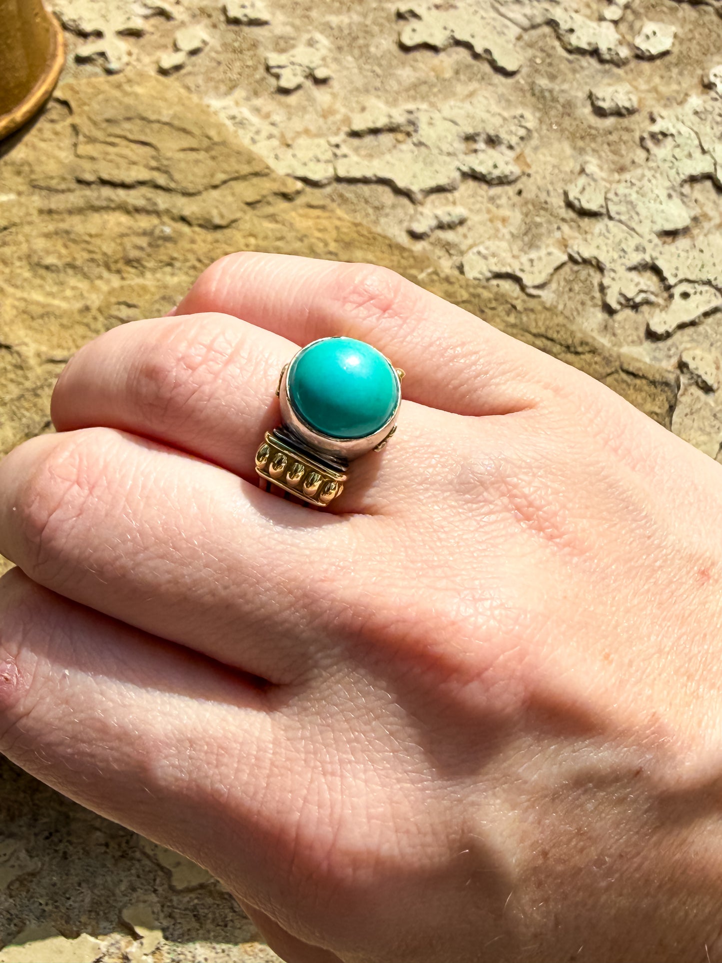 David Yurman Sterling Silver & 18K Gold Ring with Turquoise Cabochon