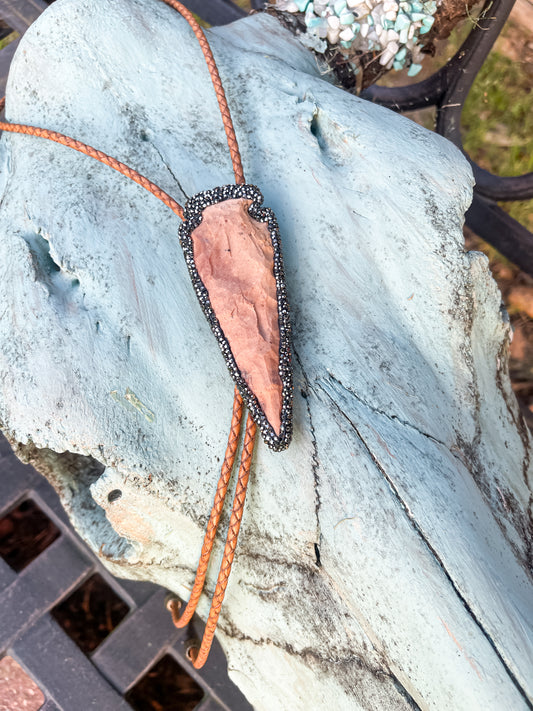 Custom Handmade Leather Bolo Necklace with Druzy-Trimmed Arrowhead