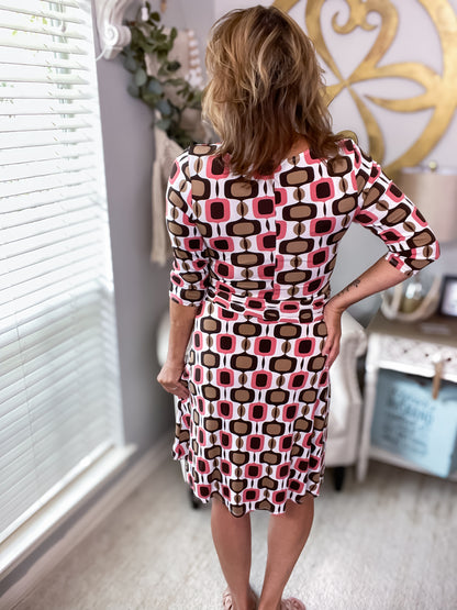 Pink Brown White Swirl Wrap Dress - Size Med