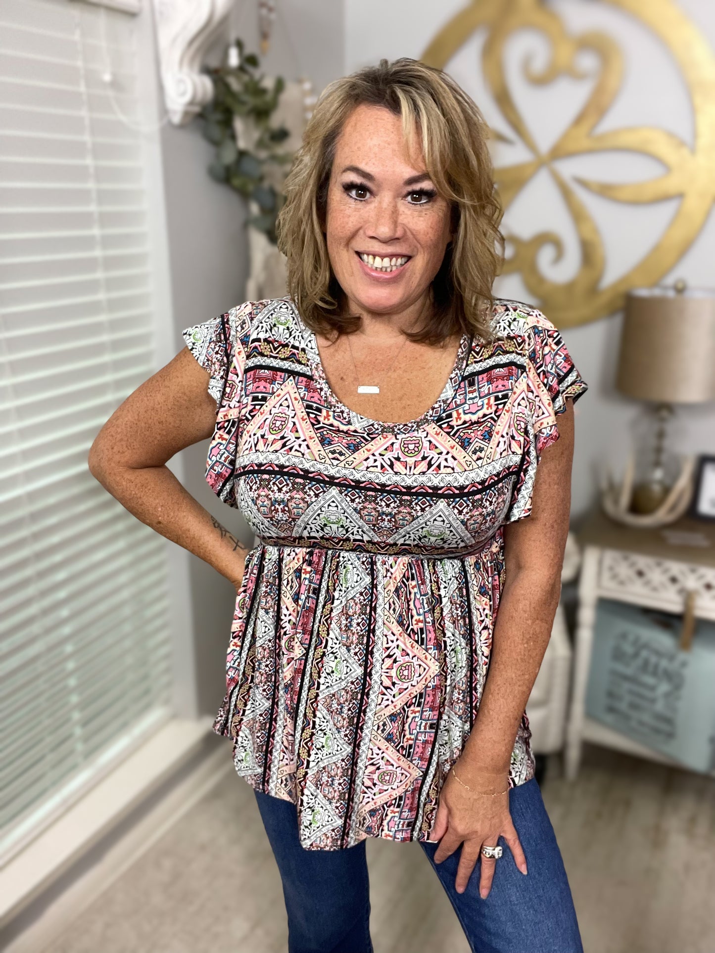 Geometric Boho Babydoll Top - Size Med