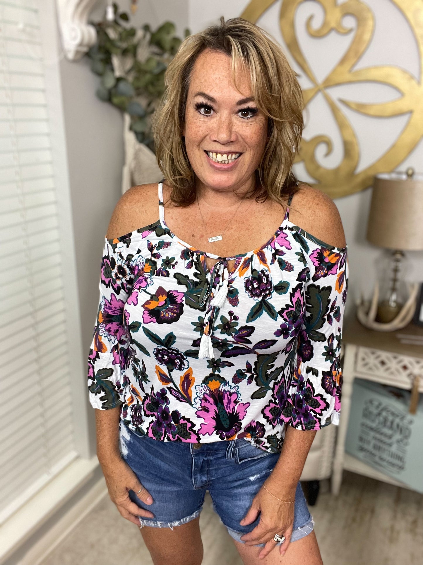 Floral Cold Shoulder Top - Size Med