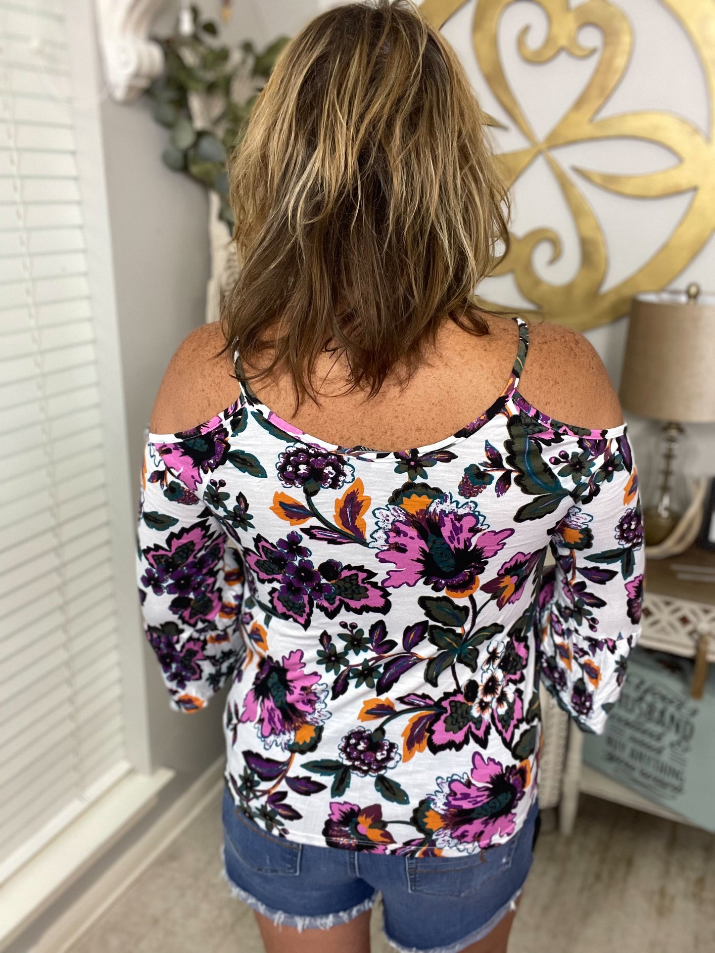 Floral Cold Shoulder Top - Size Med