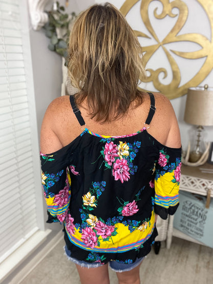 Black Floral Cold Shoulder Top - Size 1X