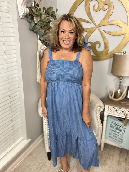 Smocked Chambray Midi Dress NWT - Size Small