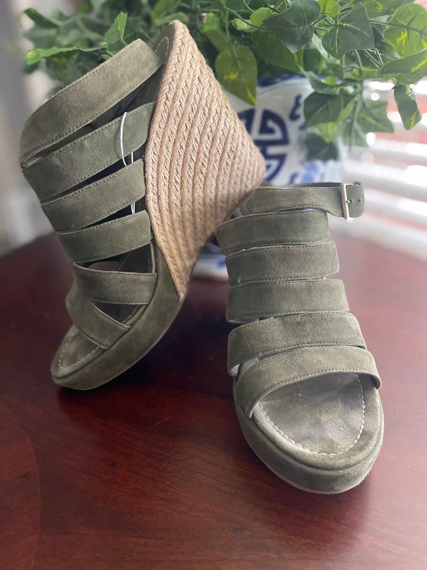 Tory Burch Women's Bailey Suede Gladiator Wedge Sandals Army Green - Size 10.5