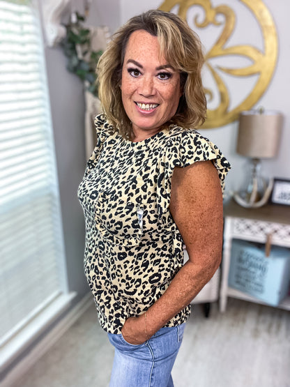 Leopard Ruffle Sleeve Top - Size Large