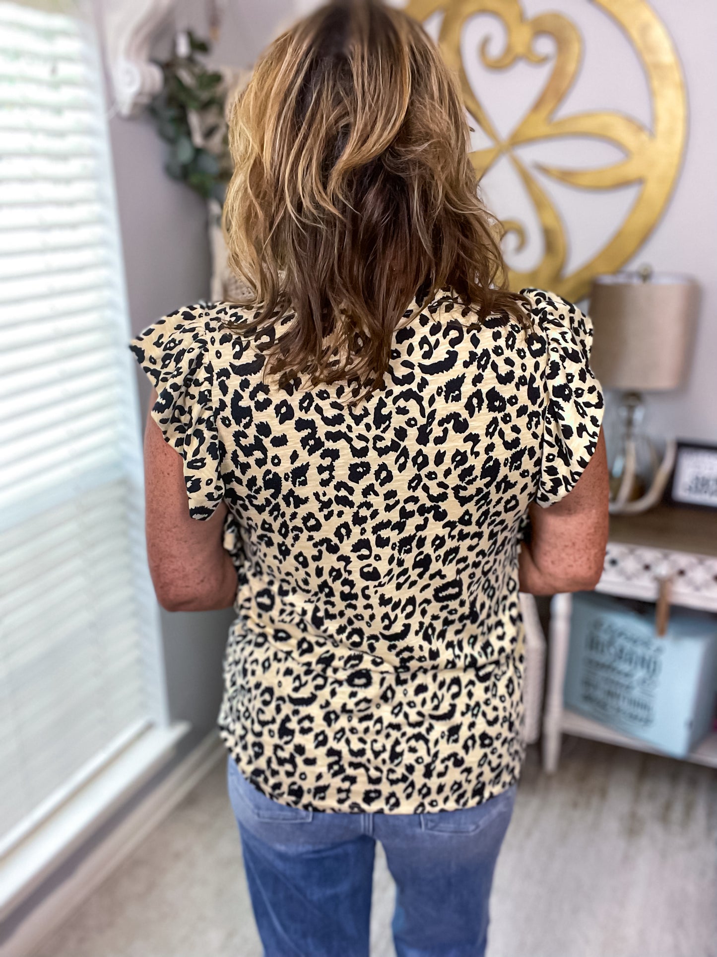 Leopard Ruffle Sleeve Top - Size Large