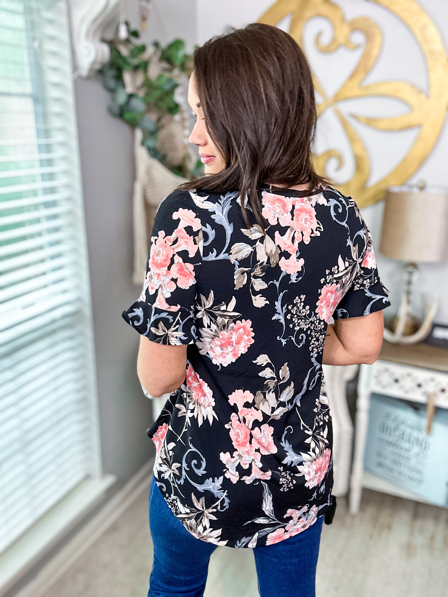 Black Floral V-Neck Top NWT - Size Small