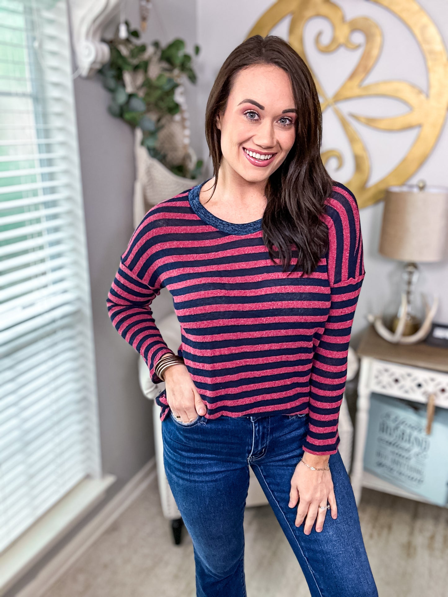 Navy & Mauve Striped Sweater Top - Size Small