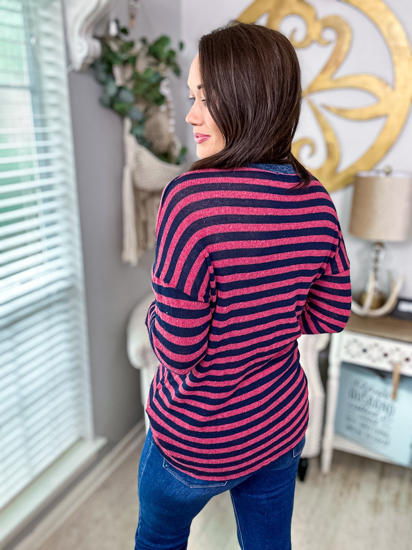 Navy & Mauve Striped Sweater Top - Size Small