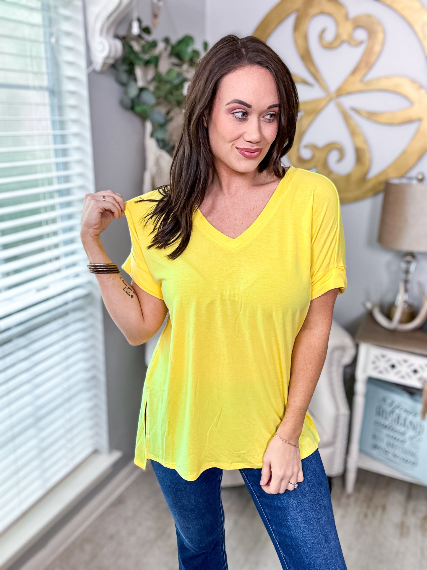 Yellow Rolled Sleeve Top - Size Med