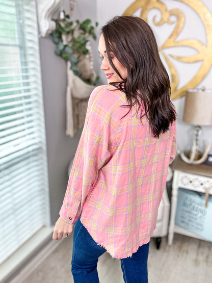 Blush Plaid Long Sleeve Button Down Shirt With Side Pockets - Size Small