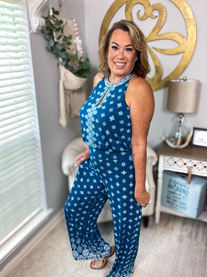 Teal Printed Knit Sleeveless Jumpsuit - Size Large