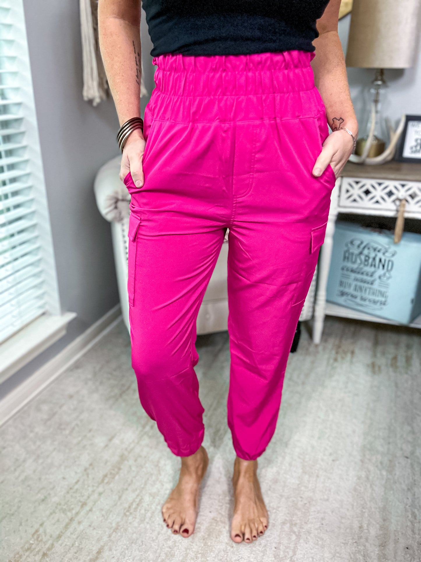 Hot Pink Elastic High Waisted Jogger Pants - Size small