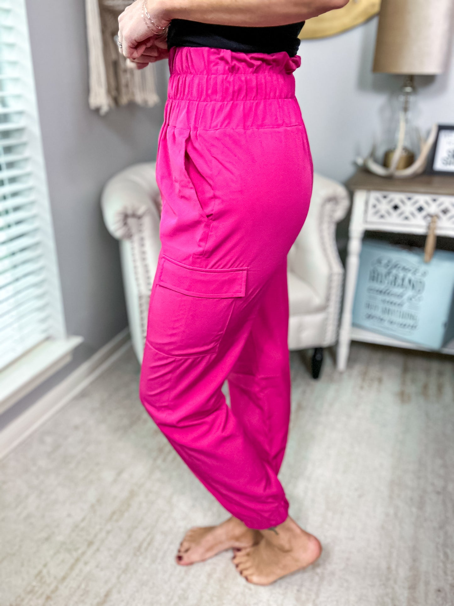 Hot Pink Elastic High Waisted Jogger Pants - Size small