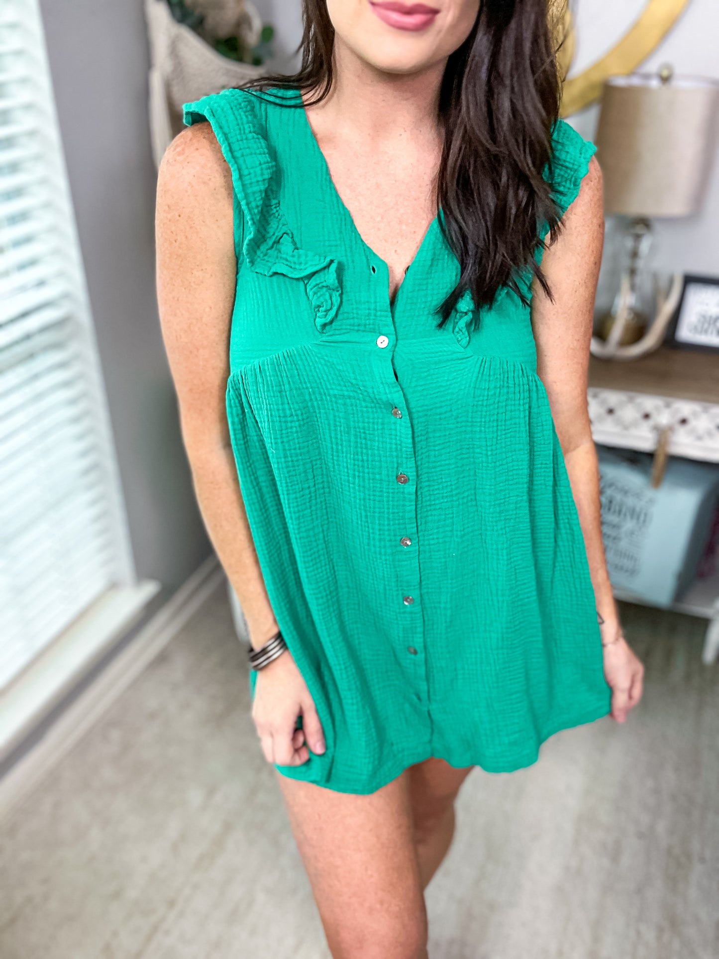 Green Ruffle Shoulder Mini Dress - Size Small